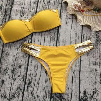 Women Swimwear Push Up Paded Bikinis Bronzing Solid Swumsuit Strapless